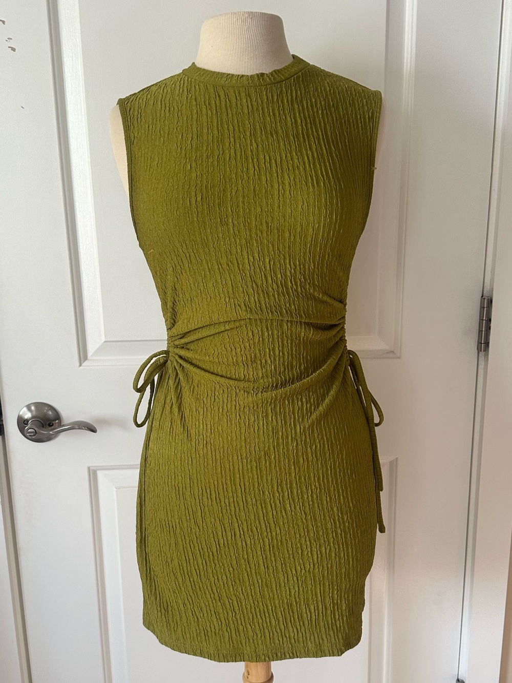 Sleeveless Olive Green Textured Side-Tie Dress